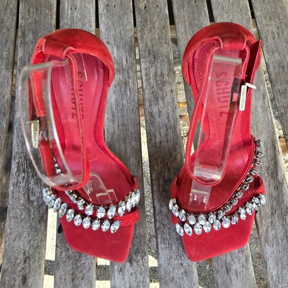 New SCHUTZ Linsey Red Suede Nubuck Rhinestone Sandals Heels Shoes 5 - Picture 6 of 7